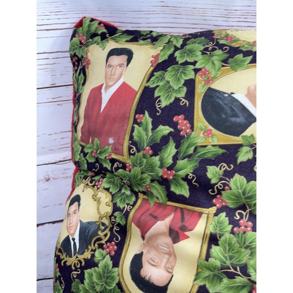 Vtg Handmade Home Decor Accent Pillow 32x22” Elvis Christmas Theme Print Fabric - Picture 4 of 5